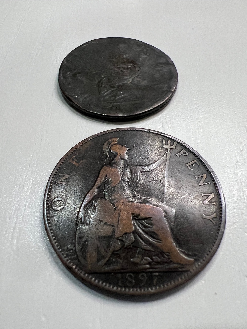 1897 British "large" bronze penny and worn 1770s half penny